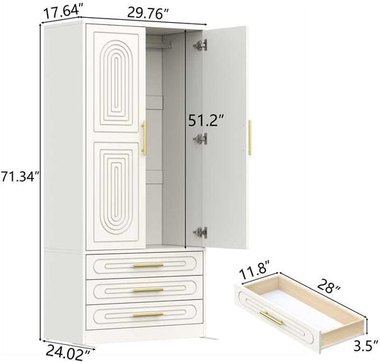 4 Doors Armoire Wardrobe Closet with Drawer & Doors, 71 inch Tall Wardrobe