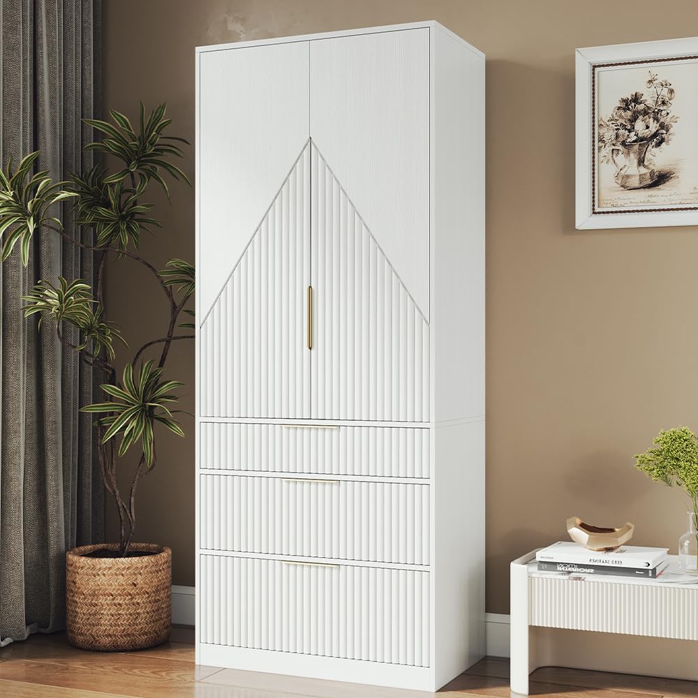 TOKSOM 70" Wardrobe Armoire Wooden Closet with 2 Doors and 3 Drawers, Bedroom Armoire with Hanging Rod Shelf, Large Capacity Storage Wardrobe Armoire, Freestanding Wooden Closet Storage Cabinet Black