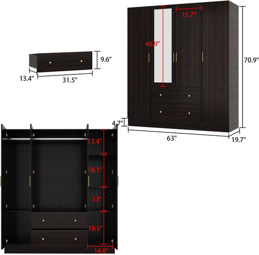 4 Door Wardrobe Armoire Closet with Mirror Door, 63" W Wooden Cabinet with 2 Drawers & Hanging Rod, Bedroom Armoire Dresser Wardrobe Clothes Organizer, Espresso