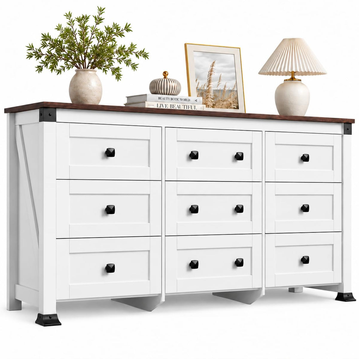 WLIVE Brown Dresser for Bedroom, 9 Drawer Wooden Chest of Drawers with SGS-Tested Anti-Tip Design, 62 Inch Wide Rustic Dresser TV Stand for Living Room, Hallway and Closet, Large Storage Cabinet