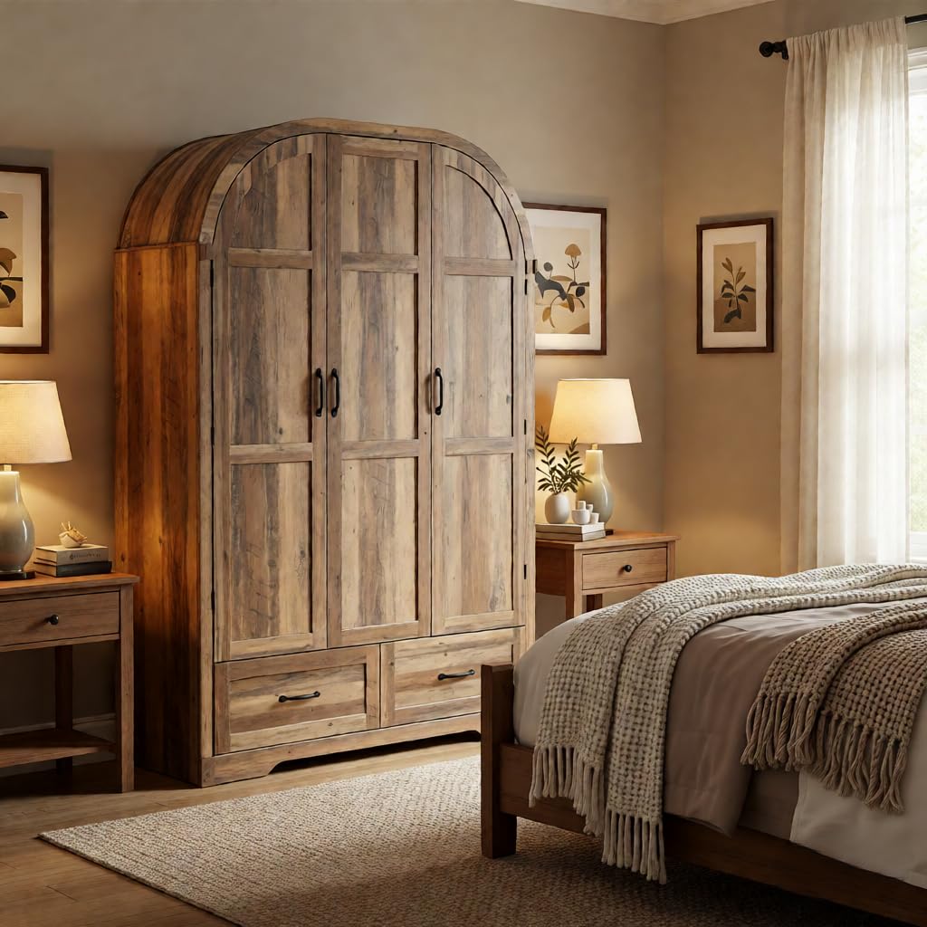 Squireewo 3 Doors Armoire Wardrobe Closet with Mirror and Lights, 71" Farmhouse Arched Wooden Wardrobe Cabinet with 2 Drawers,Hanging Rod, Clothing Storage Closet Cabinet for Bedroom,Light Rustic Oak