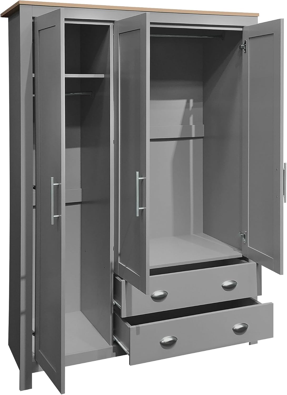 3 Doors Armoire Wardrobe Closet with 2 Drawers, 67.9" H Wooden Closet Wardrobe Cabinet with 2 Hanging Rods and Shelves, Freestanding Clothes Storage Cabinet for Bedroom, Gray