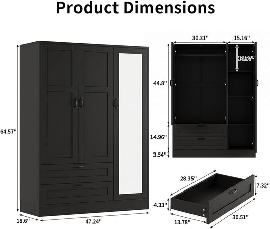 5-in-1 Narrow Armoire Wardrobe Closet, Freestanding Tall Closet with Full Length Mirror, Adjustable Shelf, 2 Drawers & Hanging Rod, Wooden Storage Cabinet for Bedroom Dorm, Black