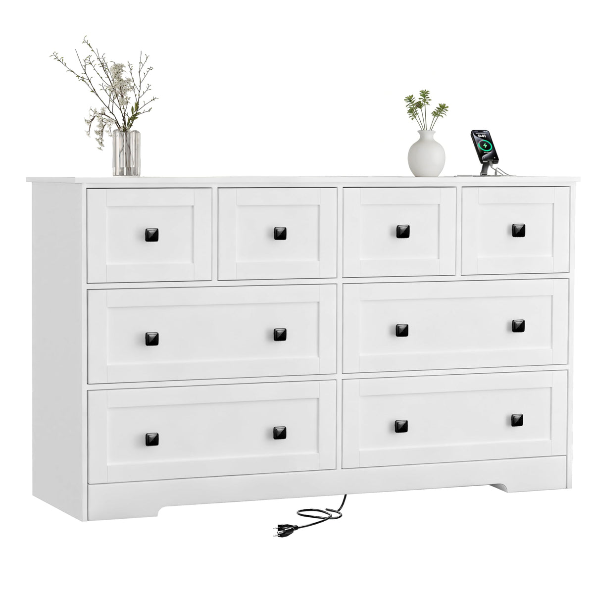 Black Dresser for Bedroom with Power Outlets Wide Wooden Dresser with 8 Drawer and Metal Handle Large Clothing Storage for Bedroom
