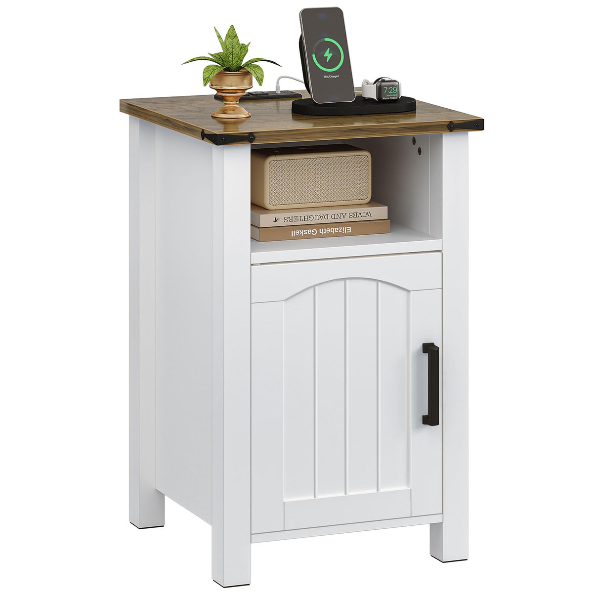 Decofy Farmhouse Nightstand with Charging Station, Set of 2,Walnut