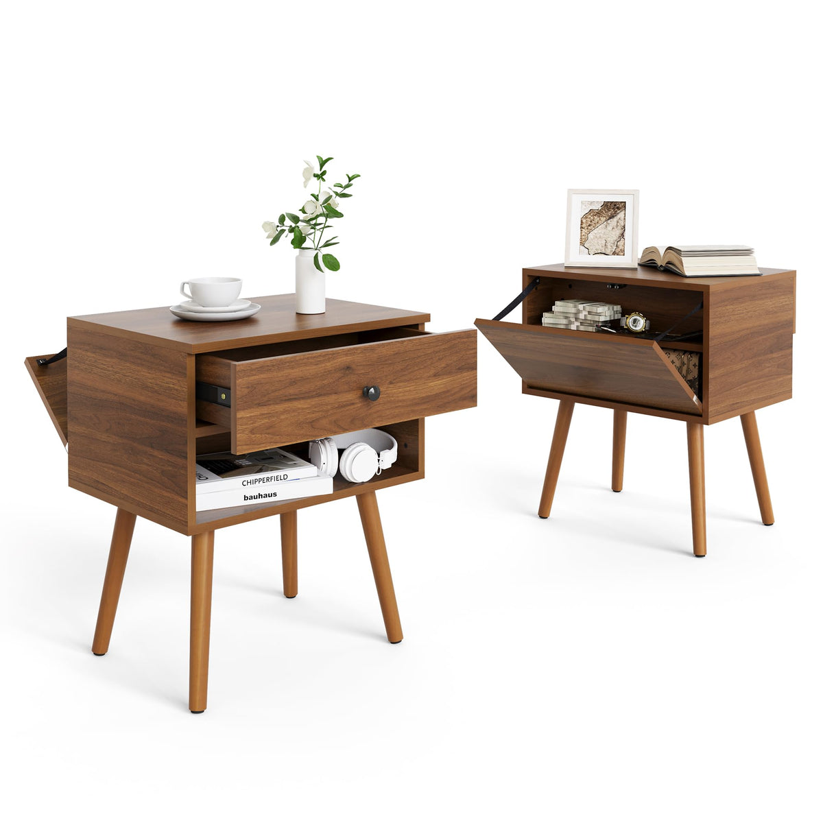 Hidden Compartment Night Stand Set 2, Mid Century Modern Concealment Furniture, End Table with Storage Drawer, Bedside Table with Wood Legs for Bedroom (2,Walnut)