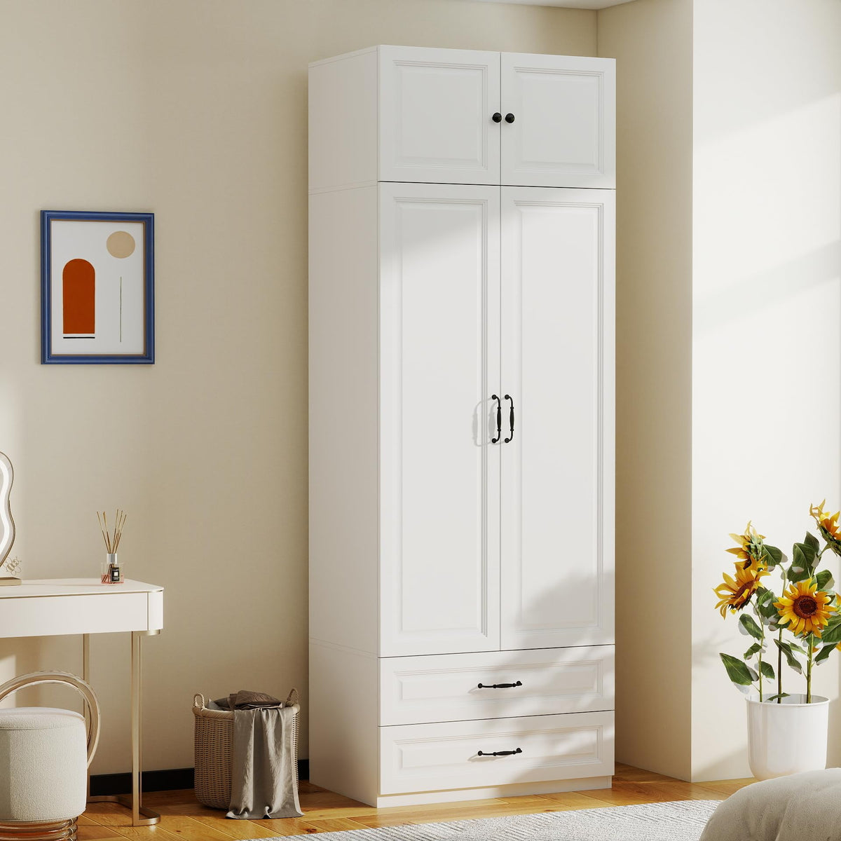 White Armoire Wardrobe Closet with 2 Drawers: 88" H x 32" W