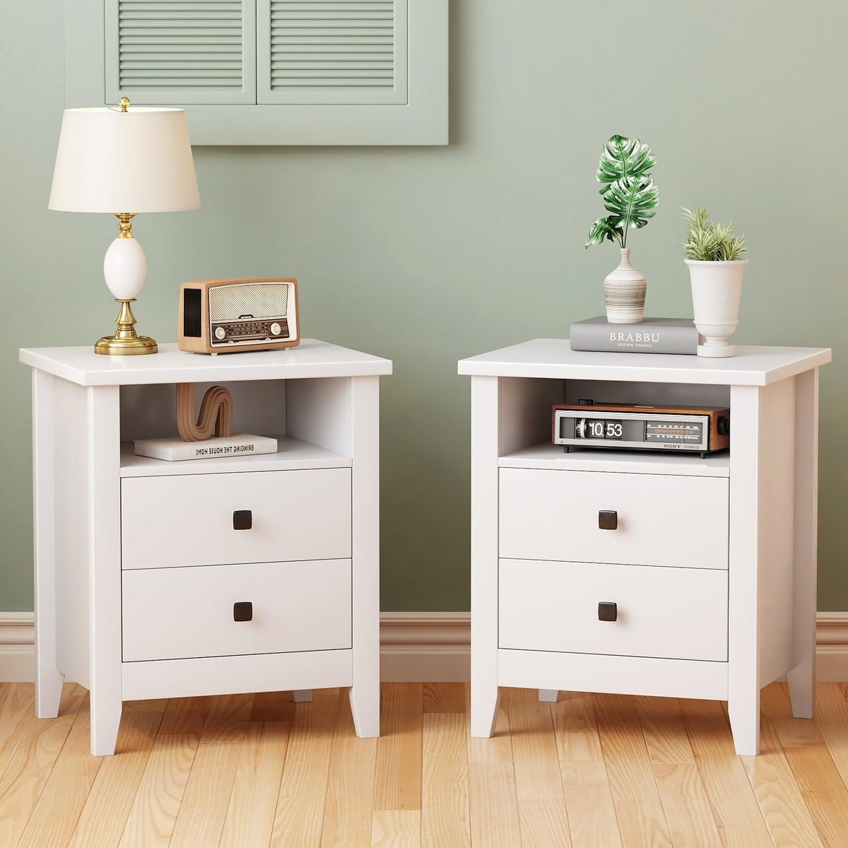 JSB Farmhouse Nightstand Set of 2 with 2 Drawers, Open Shelf for Bedroom
