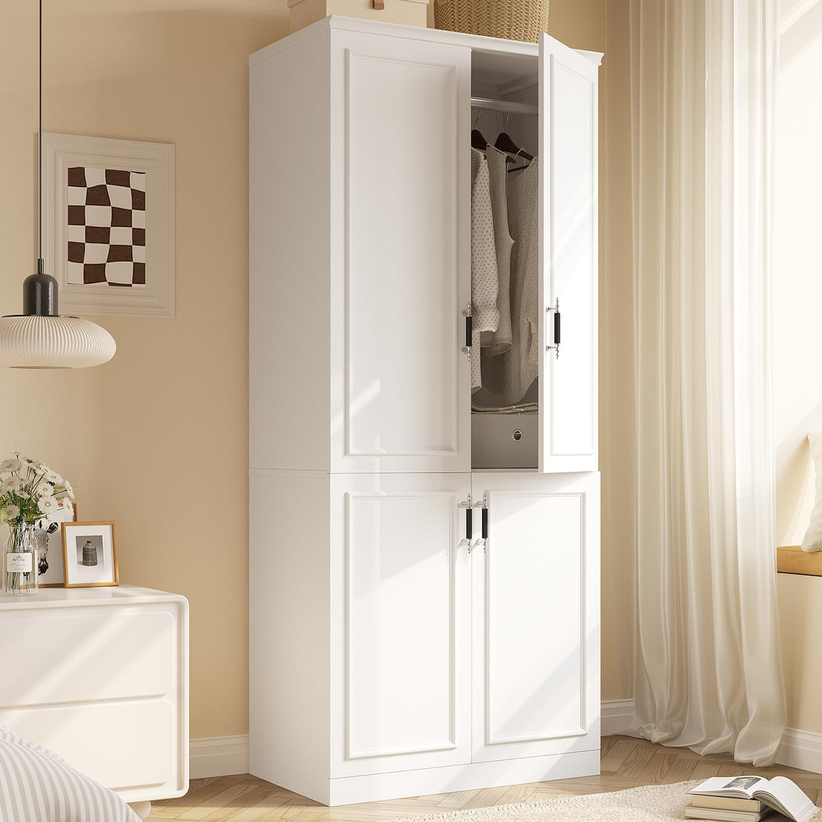 MEISSALIVVE Armoire Wardrobe Closet with 2 Door & 3 Drawers, 74.8" Large Wardrobe Cabinet with Hanging Rod, Freestanding Modern Bedroom Armoire Storage Cabinet, Black