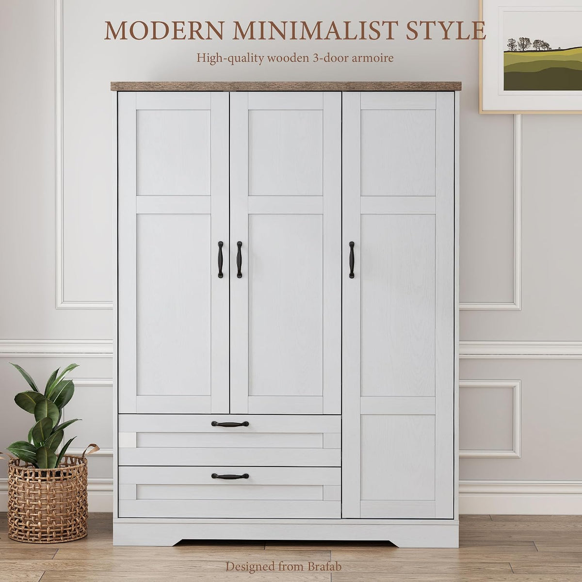 Brafab 62" Wooden Armoire Wardrobe Closet with Mirror, White, 3 Doors