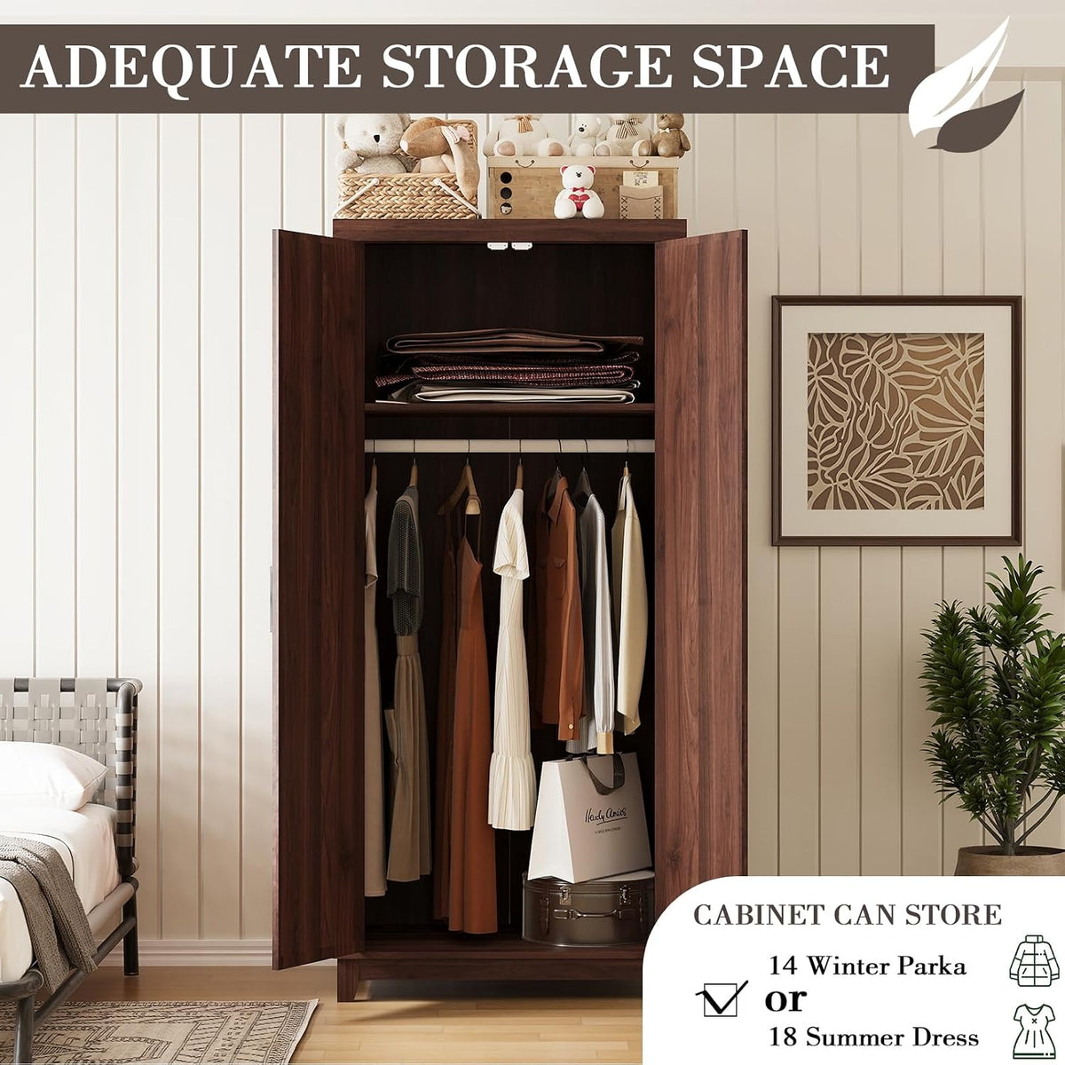 WERSMT 70" Tall Wardrobe Closet with Doors and Shelves, Hanging Clothes Storage Cabinet with Rods, Wooden Coat Closet with Door, Espresso