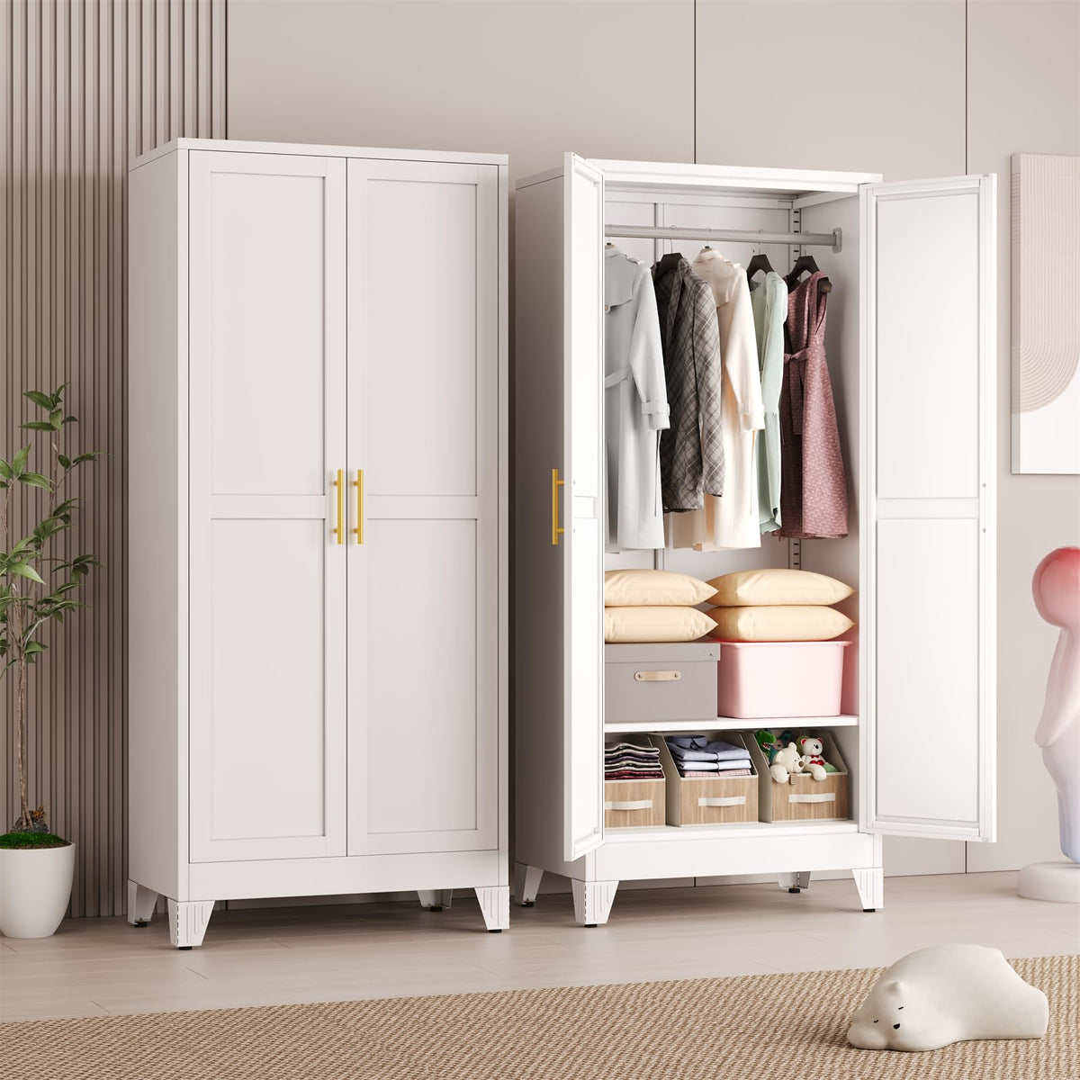 Metal Armoire Wardrobe Closet Storage Cabinet with Mirror White, 71'' Wardrobe Cabinet with Hanging Rod Metal Closet with Adjustable Shelf and Drawer for Bedroom, Laundry Room, Cloak Room