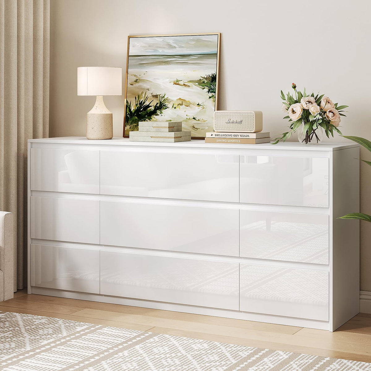 10 Drawer Dresser for Bedroom, 55" Long High Gloss Dresser, White