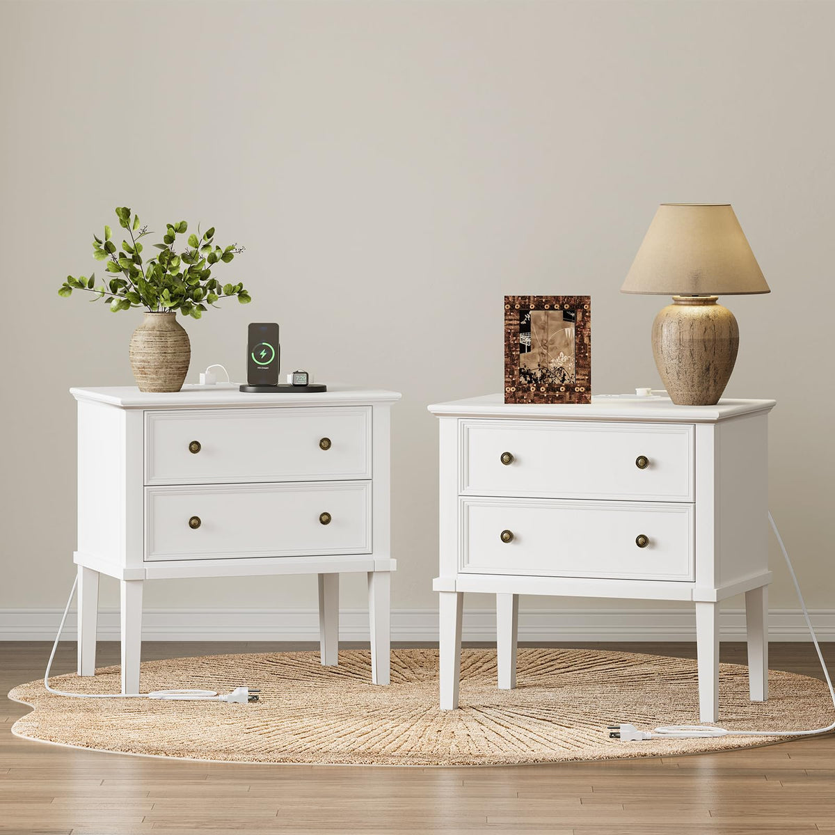 IKENO Solid Wood Nightstand with Charging Station, Farmhouse End Table with 2 Solid Wood Drawers, Farmhouse Style Side Table, Suitable for Bedroom, Teak