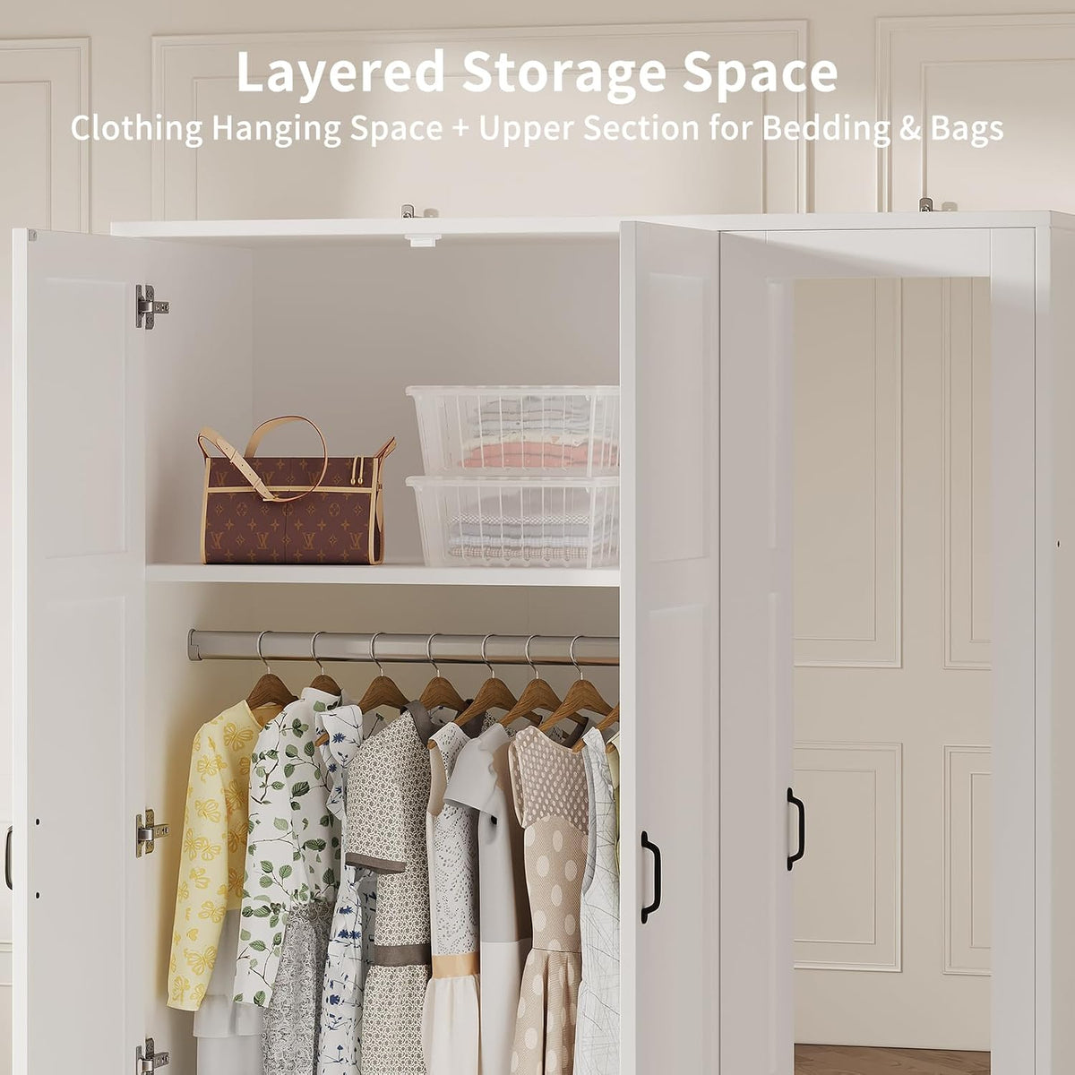65" Tall Armoire Wardrobe Closet with Full Length Acrylic Mirror & Adjustable Shelves, 3-Door Closet Wardrobe Cabinet with Hanging Rod, Wooden Storage Cabinet for Bedroom, White