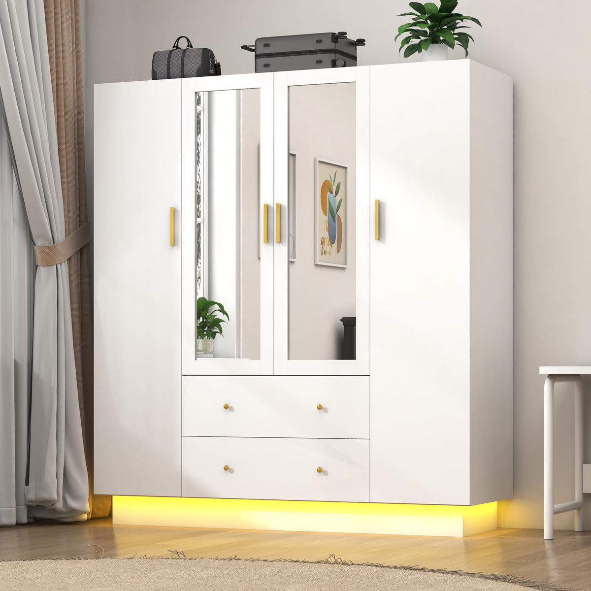 jiteentarou 3 Door Wardrobe Closet with Mirror and LED Lights, Bedroom Armoire with Drawers Shelves, Modern Wooden Armoire Wardrobe Closet with Hanging Rod for Bedroom, Black