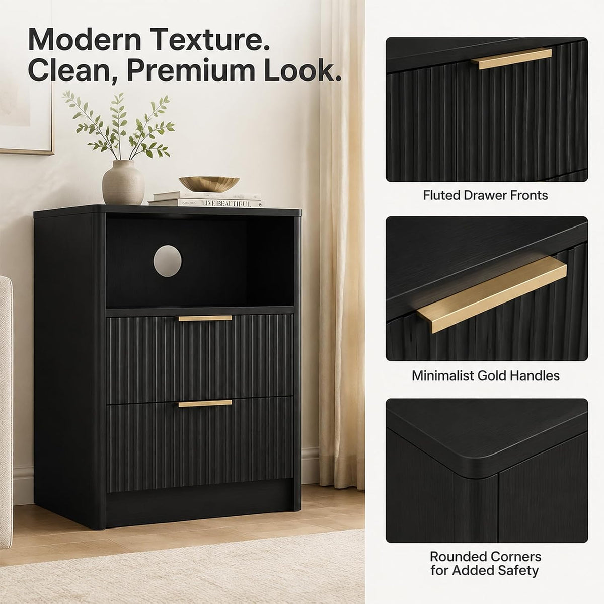 Nightstands Set of 2, Fluted Nightstand with 2 Drawers, Black & Narrow