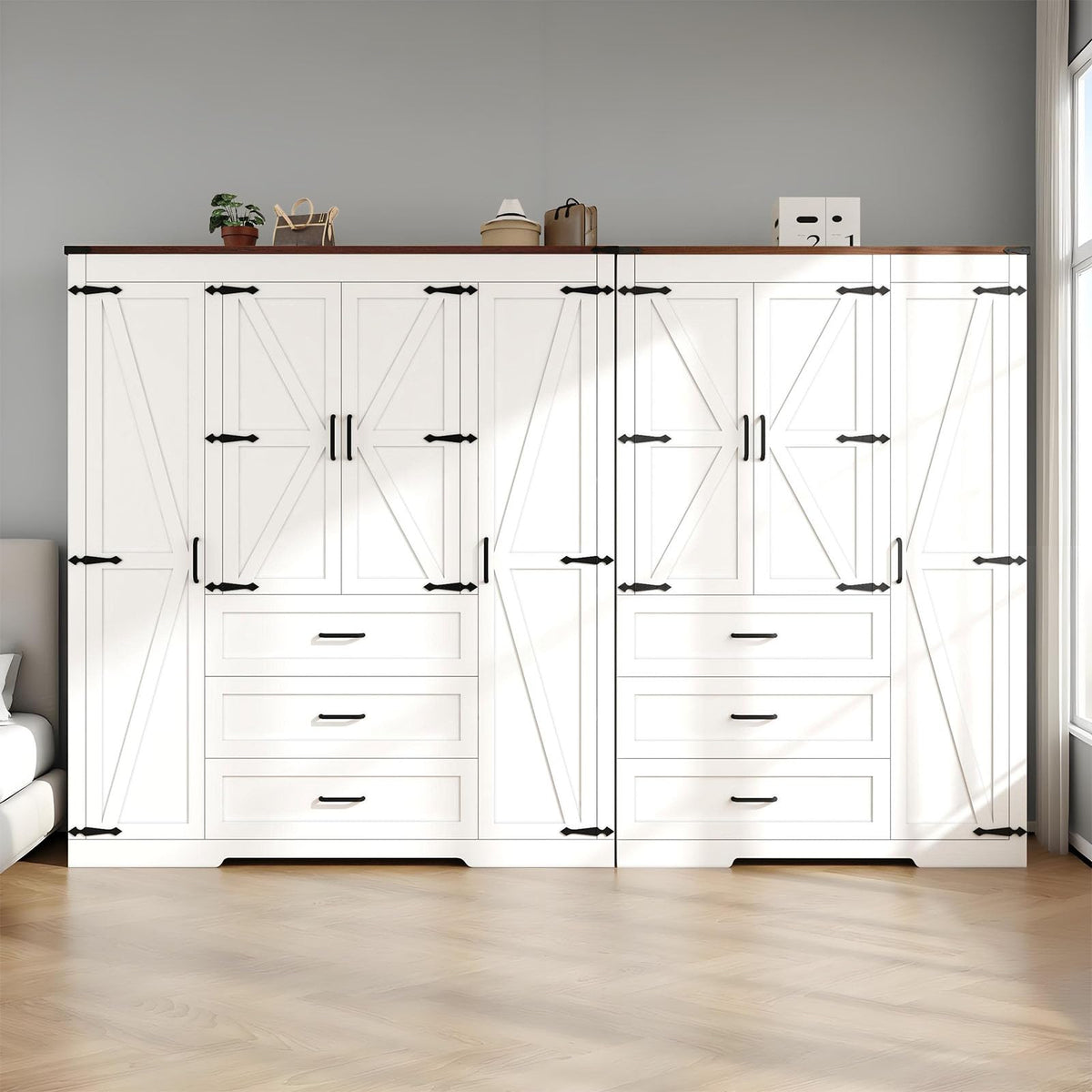 70" Tall Armoire Wardrobe Closet with 4 Doors & 3 Drawers, Farmhouse Bedroom Storage Cabinet with Hanging Rod, Freestanding Wooden Armoire Wardrobe Closet, Brown