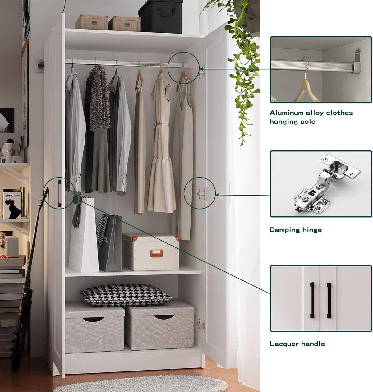 Fenghua Lizhi Wood White Wardrobe Closet with 2 Doors and 2 Drawers,Bedroom Freestanding Armoire Storage Cabinet with Shelves,Wooden Wardrobe Combination for Hanging Clothes (White 2 Drawers)