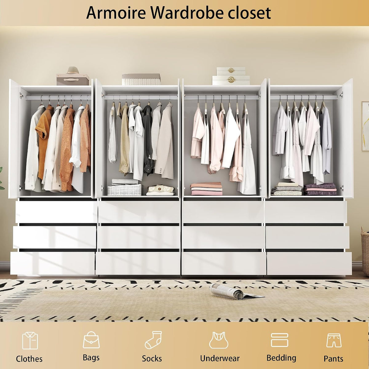 White Armoire Wardrobe Closet with 12 Drawers: 75" H x 126" W