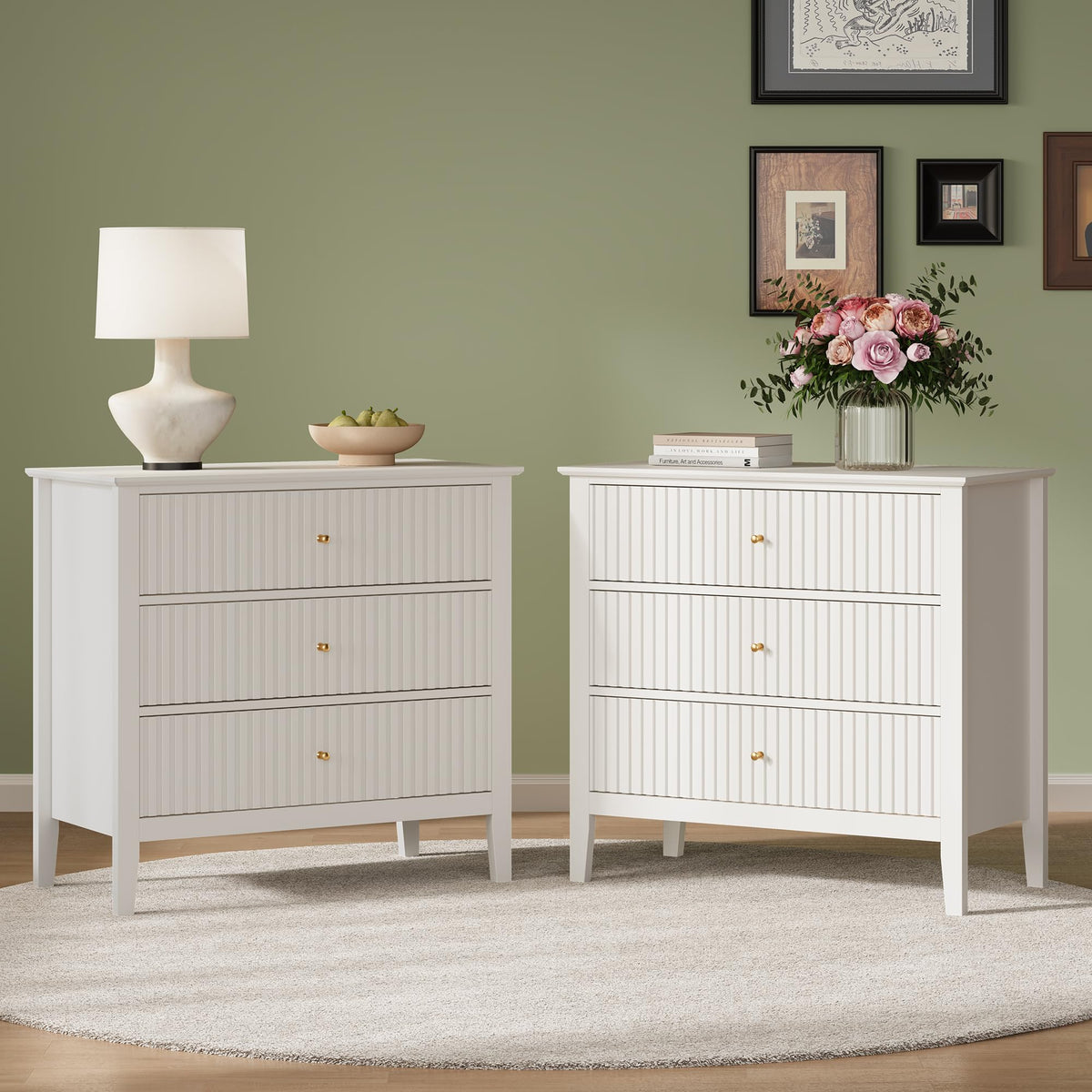 RoyalCraft 32" Large Nightstand Set of 2, Fluted Painted Bedside Table with 3 Spacious Drawers, Modern Tall End Table for Bedroom, Beige