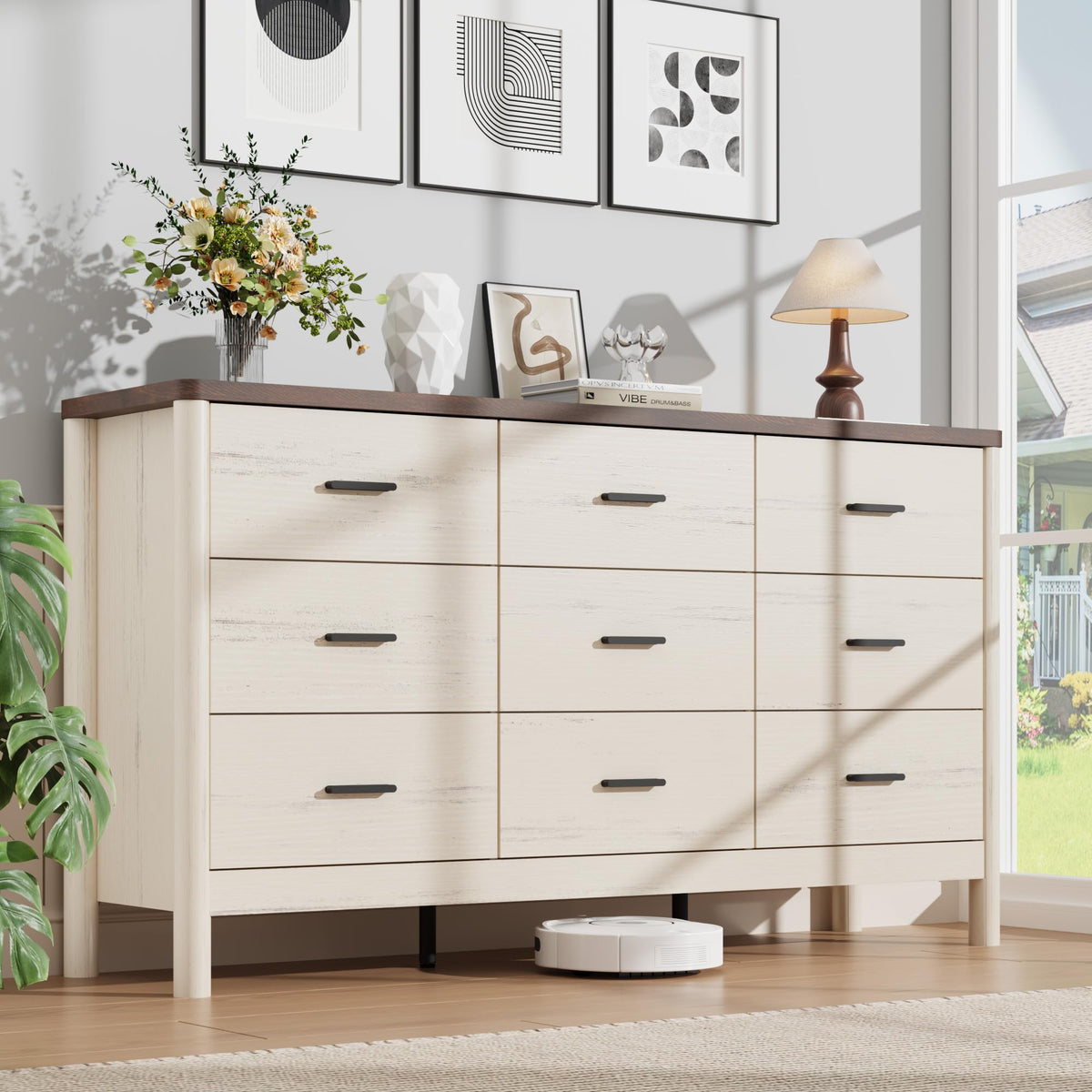 Garvee 6 Drawer Dresser, Wooden Storage Chest of Drawers, White & Brown