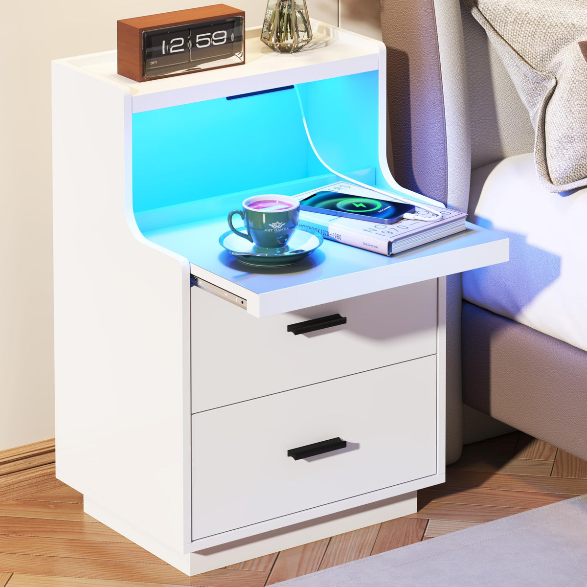Yusong RGB LED Nightstand with Charging Station, Black