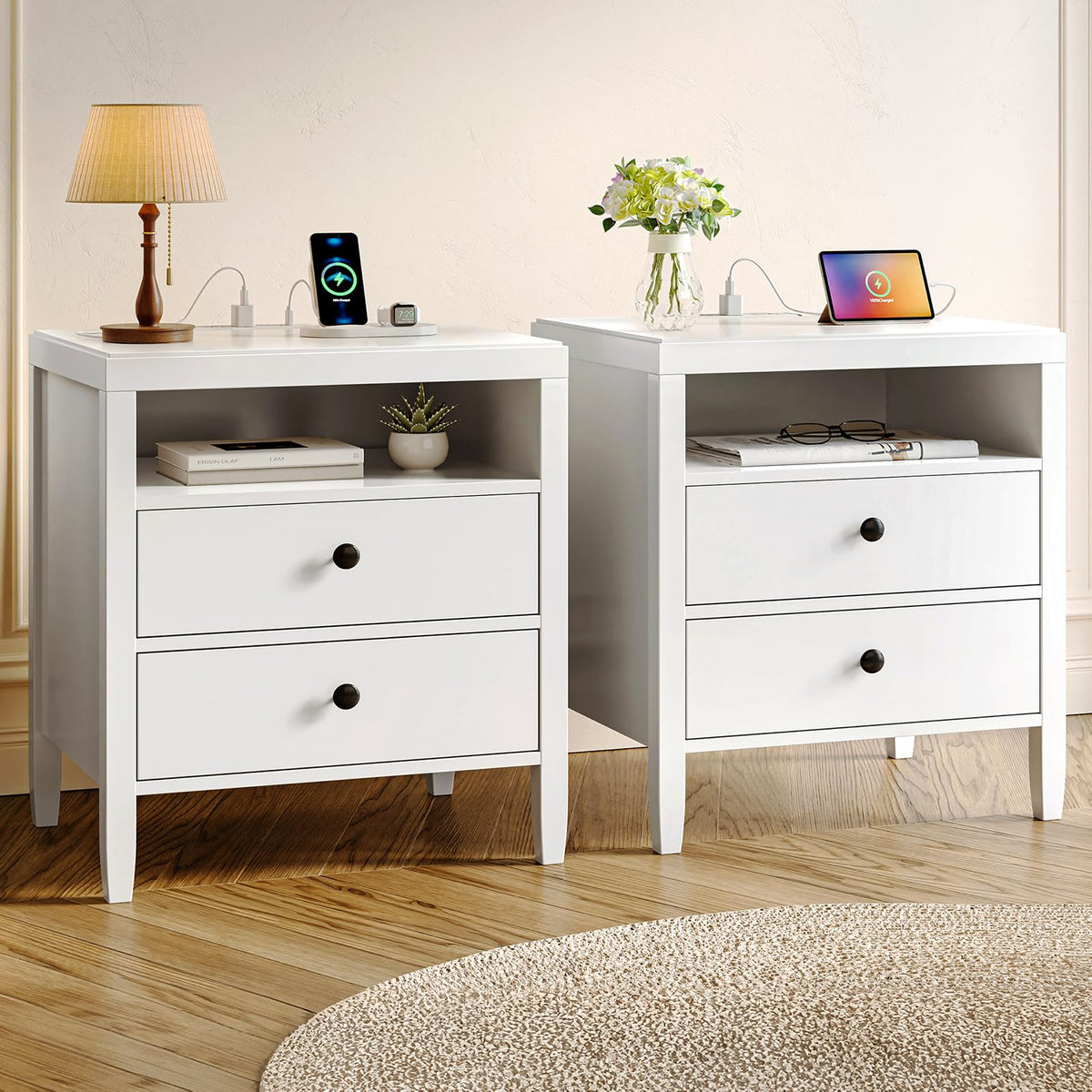 Huuger Black Nightstand Set of 2, Night Stand with Charger Station
