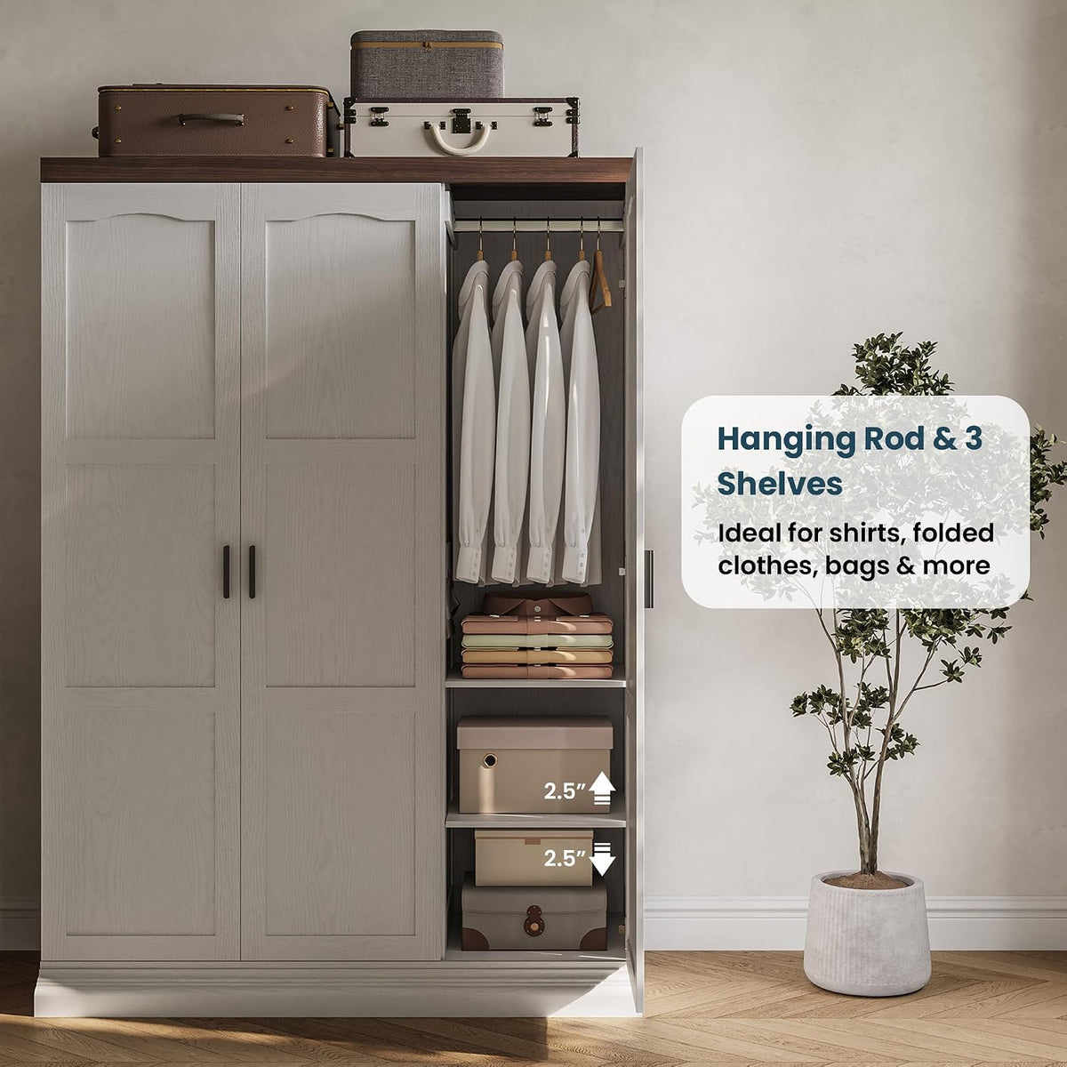 ANCTOR 3-Door Armoire Wardrobe Closet with Mirror and 2 Hanging Rods