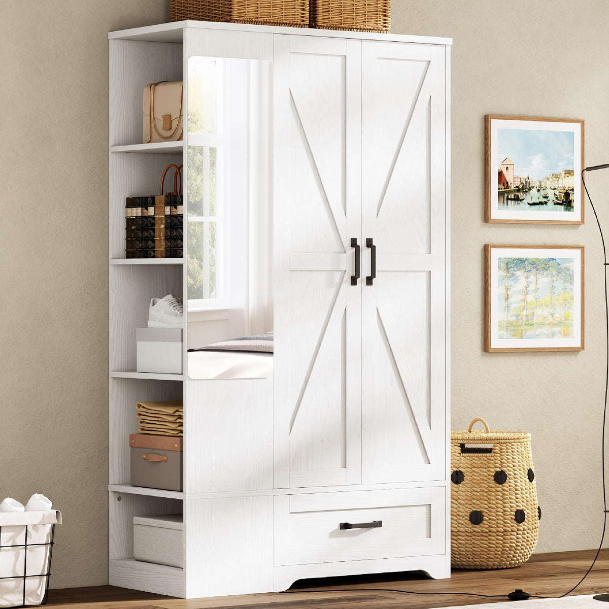LIKIMIO Armoire Wardrobe Closet 70 Inches, Large Storage with Mirror, 2 Doors, Drawer, and Shelves, Modern Bedroom Freestanding Wooden Wardrobe Combination with Hanging Rail, Black