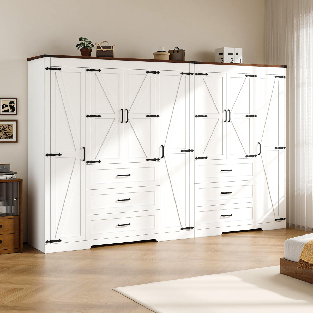 3 Door Armoire Wardrobe Closet Cabinet with 3 Drawers and Drawers, Farmhouse Bedroom Armoire with Hanging Rod and Adjustable Shelves, Large Capacity Storage Wardrobe Armoire for Bedroom, Brown