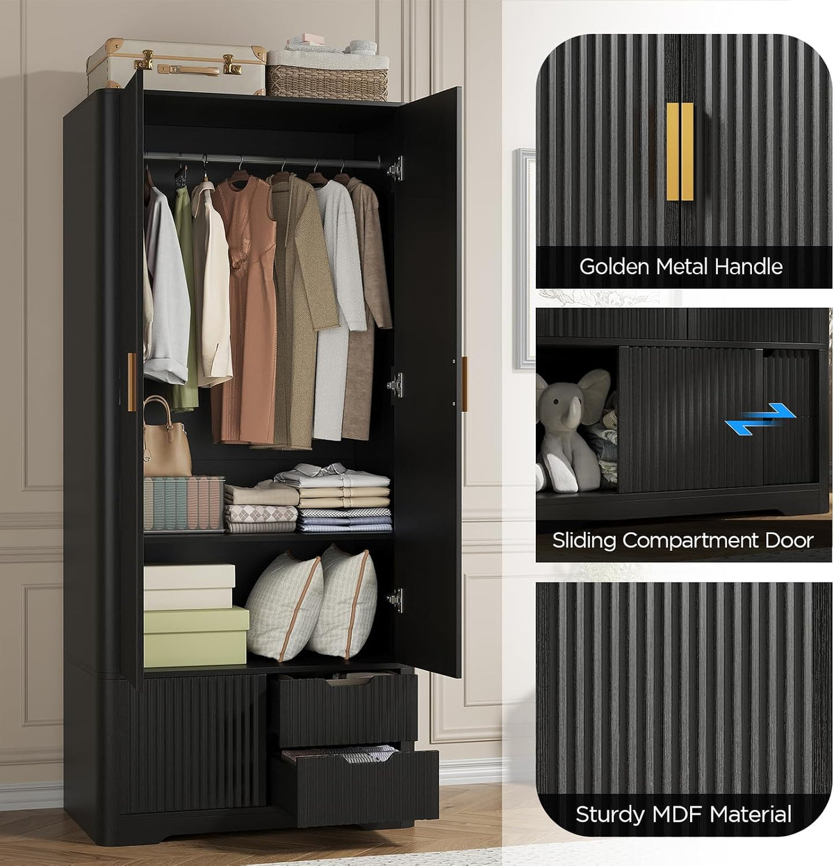 Vabches 71” Tall Armoire Wardrobe Closet with 2 Drawers and Shelves, Large Wooden Wardrobe Cabinet with Hanging Rod, Sliding Cabinet, Modern Fluted Clothing Storage Cabinet for Bedroom, Black