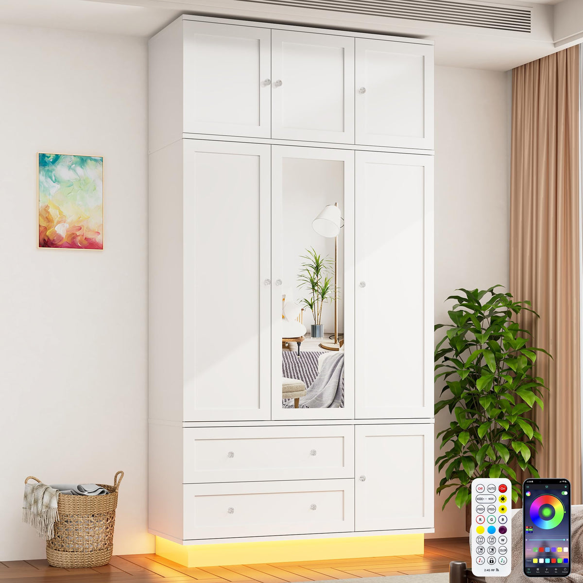 92.2" Tall Armoire Wardrobe Closet with Mirror & Motion Sensor Light, Large Storage Cabinet with 2 Drawers, Hanging Rod & Adjustable LED Strip, Anti-Tipping Wood Bedroom Furniture, 47.4"L, White