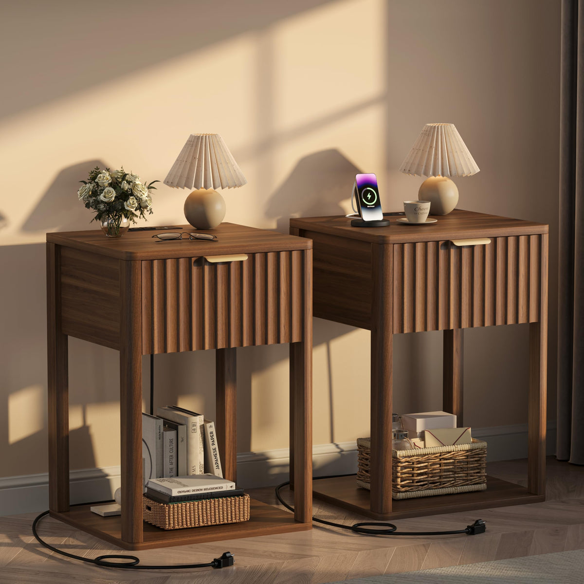 Akxomel Nightstand Set 2 with Charging Station Fluted Bedside Table Oak