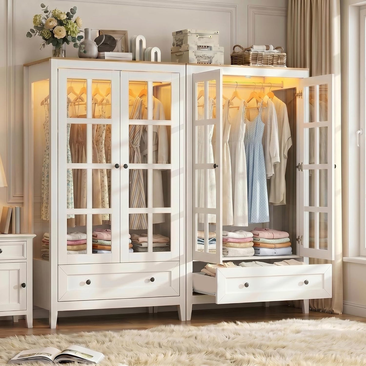 Gyfimoie Armoire Wardrobe Closet with LED Lights, 55'' Modern Clothing Storage Cabinet with Glass Doors and Drawer, Large Wardrobe Cabinet with Hanging Rod for Bedroom