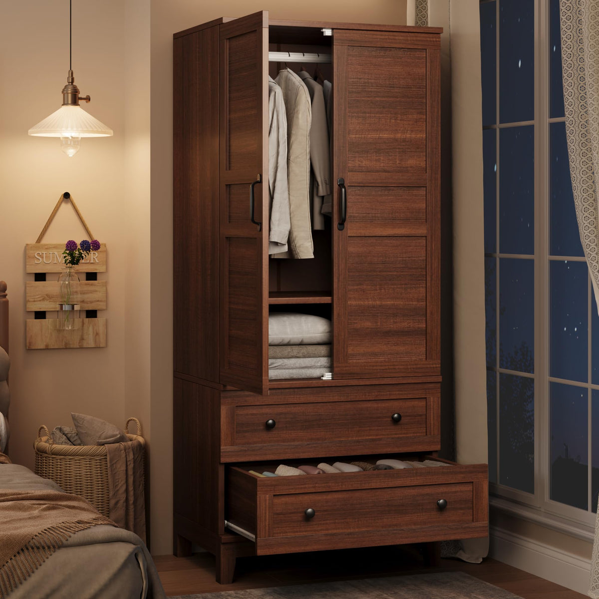 GarveeHome Armoire Wardrobe Closet with 2 Drawers,72 in Wooden Wardrobe Cabinet with Hanging Rod, Tall Clothing Armoire Cabinet with Doors and 18 Adjustable Shelves for Bedroom, Clothes, Rustic White