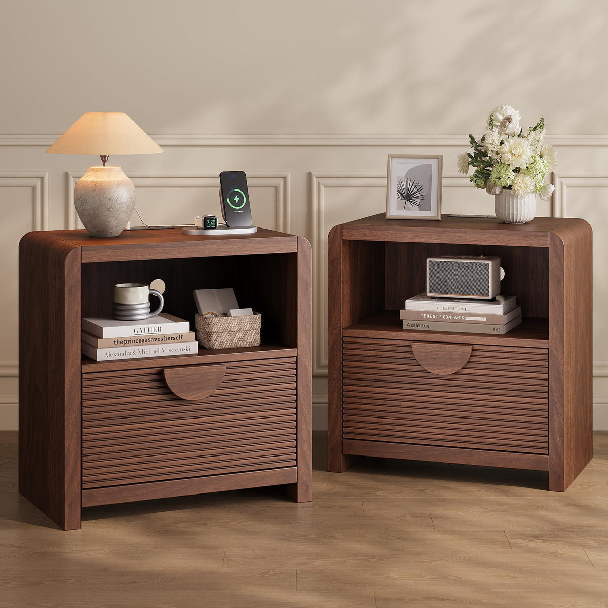 23" Wide Fluted Nightstands Set of 2 with Charging Station, Wood Bedside Tables with Drawer and Open Compartment, Mid Century End Tables for Bedroom, Home Office, Walnut