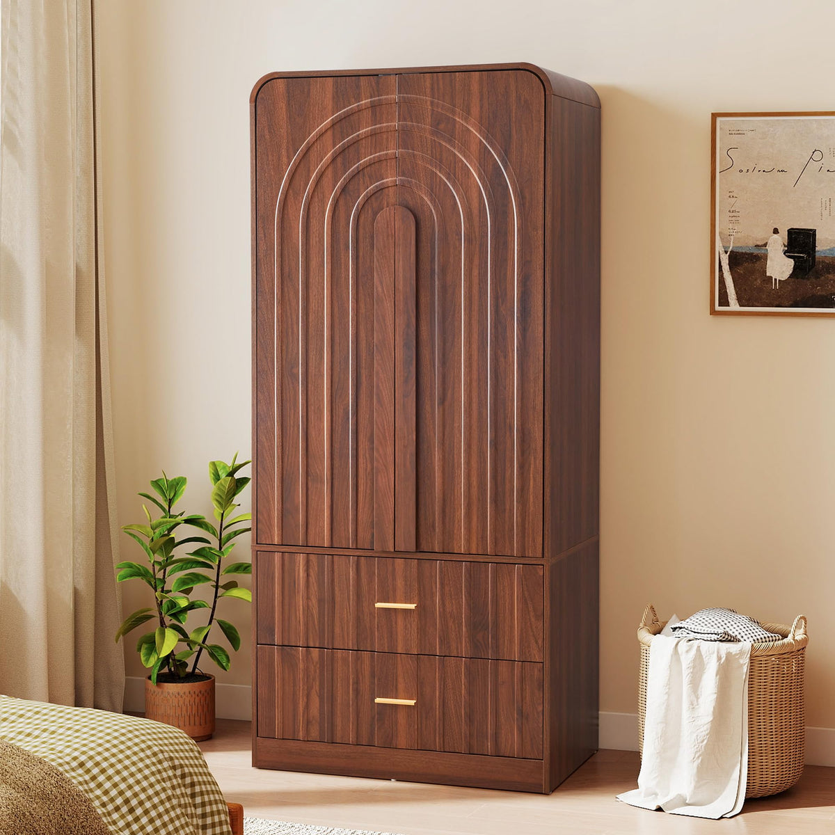 ORRD Freestanding Armoire Wardrobe Closet with Arched Fluted 2 Doors and 2 Storage Drawers, Large Capacity Wardrobe Cabinet Bedroom Organizer for Clothes, Blankets and Accessories, Green