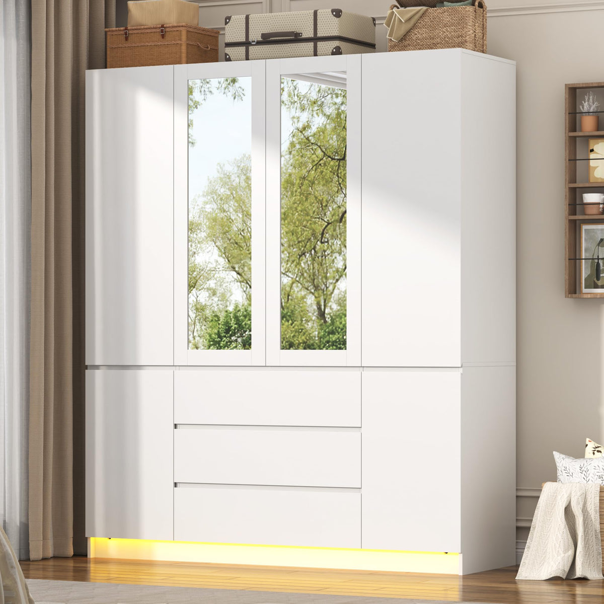 75"H Tall Modern 3 Doors Wooden Armoire Wardrobe Closet with 3 Drawers & 2 Mirror,Clothing Storage Cabinet with Hanging Rod,Bedroom Large Freestanding Armoires with Led Lights for Bedroom,White