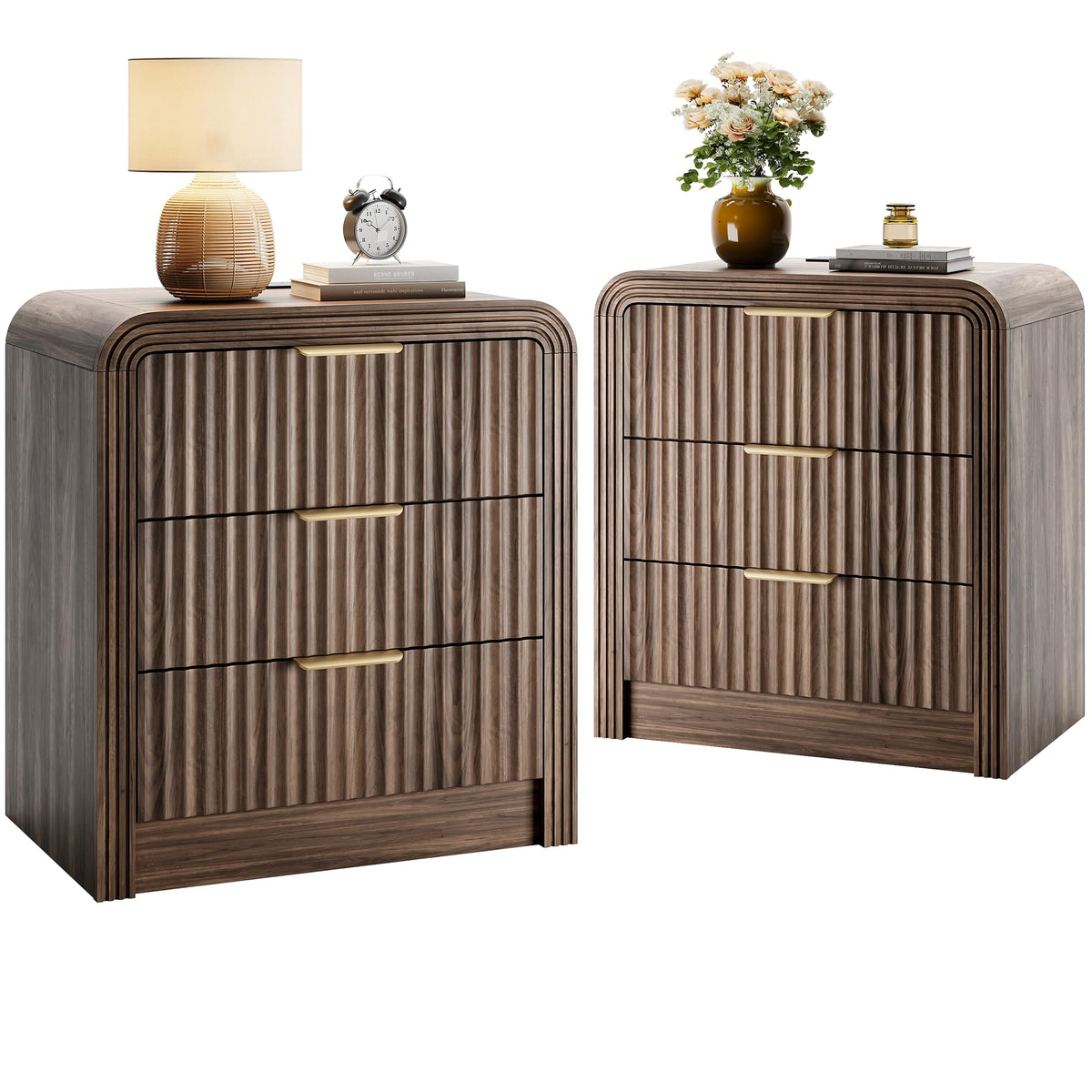Decofy Fluted 3-Drawer Nightstand Set of 2 with Charging Station, Walnut