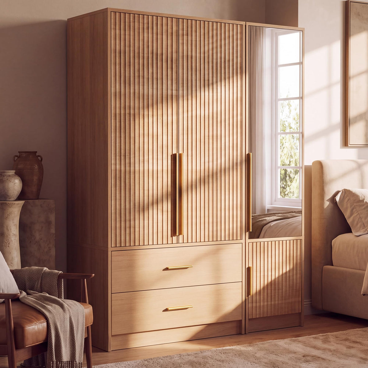 62.6"H Wooden Armoire Wardrobe Closet with Fluted Doors and Drawer, Natural
