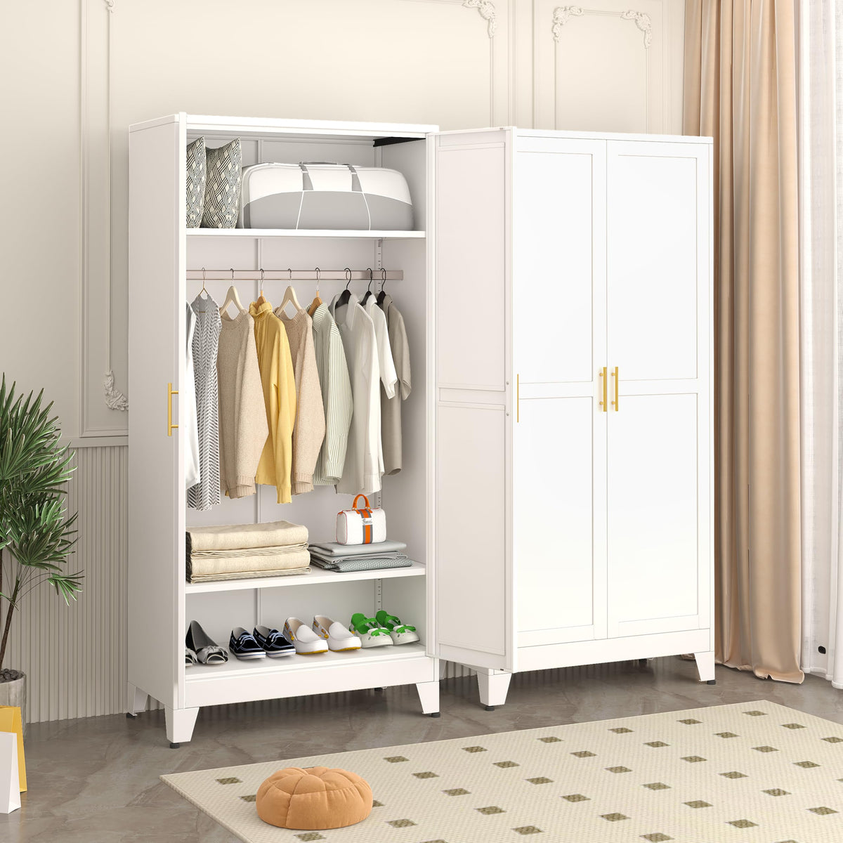71" Metal Armoire Wardrobe Closet, Tall Clothing Storage Cabinet, Green