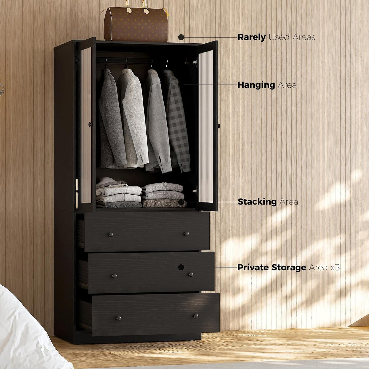 VOWNER 20“D Armoire Wardrobe Closet with Fluted Glass, 71" H Clothing Storage Cabinet with Hanging Rod, 4 Soft-Close Doors Wooden Wardrobe Cabinet for Bedroom, Large Capacity Storage Black(CCB)