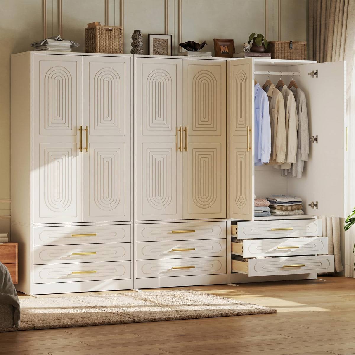 4 Doors Armoire Wardrobe Closet with Drawer & Doors, 71 inch Tall Wardrobe