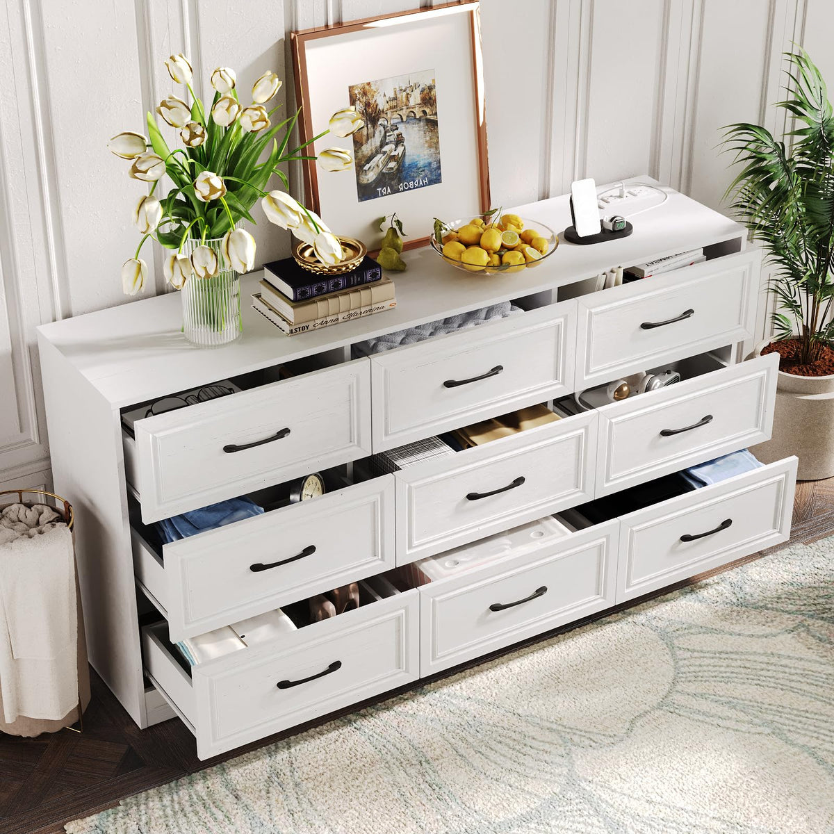 Fameill Dresser for Bedroom, 6 Drawer Wide Dresser Organizer with Charging Station, Tall Dresser for Hallway, Wood Dresser with Metal Handles, Ash Grey