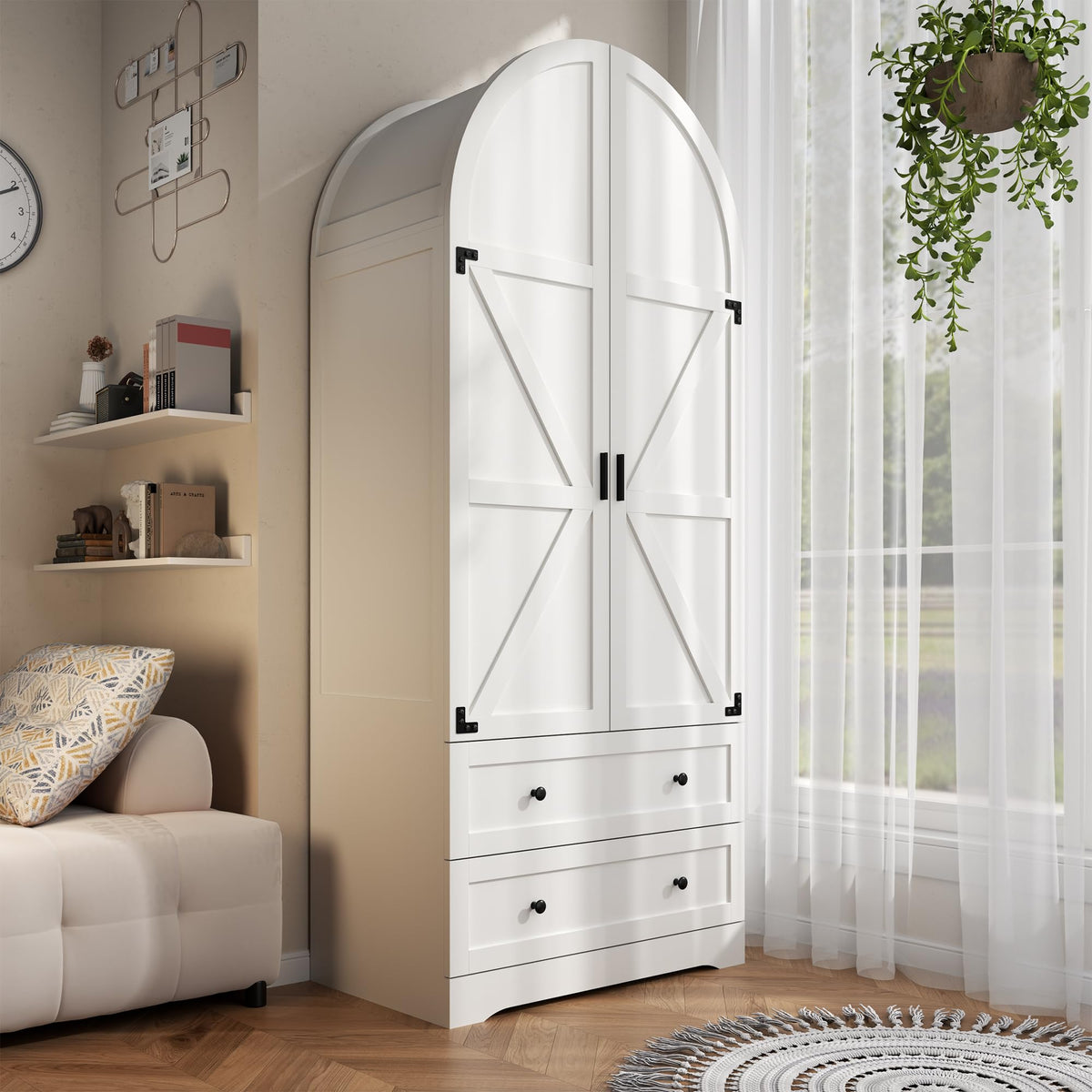 Gyfimoie White Armoire Wardrobe Closet with 2 Drawers, 75" Wooden Wardrobe with 2 Doors, Freestanding Closet Armoire Cabinet with Hanging Rack, Clothing Storage Cabinet for Bedroom (White)