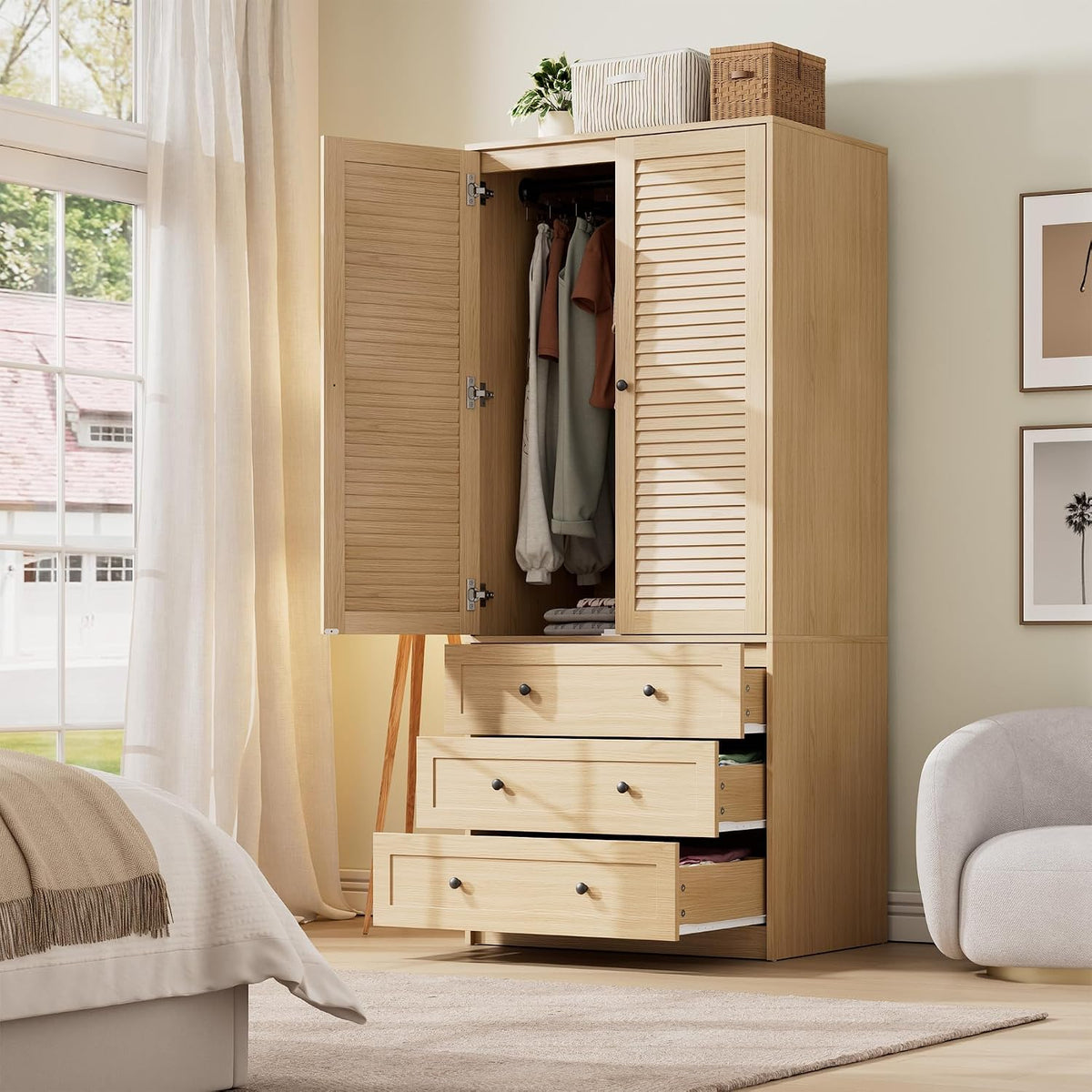IDEALHOUSE 70" Wardrobe Armoire Wooden Closet with 2 Doors and 3 Drawers, Bedroom Armoire with Hanging Rod Shelf, Large Capacity Storage Wardrobe Armoire, Wooden Storage Cabinet, Art Deco, Natural