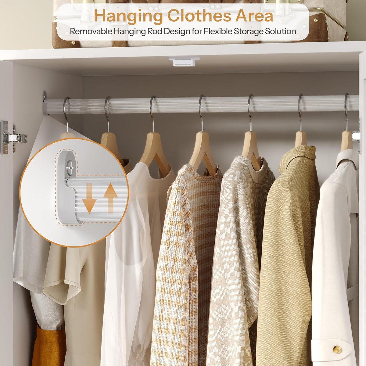 DynJest Armoire Wardrobe Closet with 2 Drawers, 70" Tall Clothing Storage Cabinet with Hanging Rod, 3 Open Shelves & 5 Hooks, 2 Doors Large Capacity Wooden Cabinet for Bedroom, White
