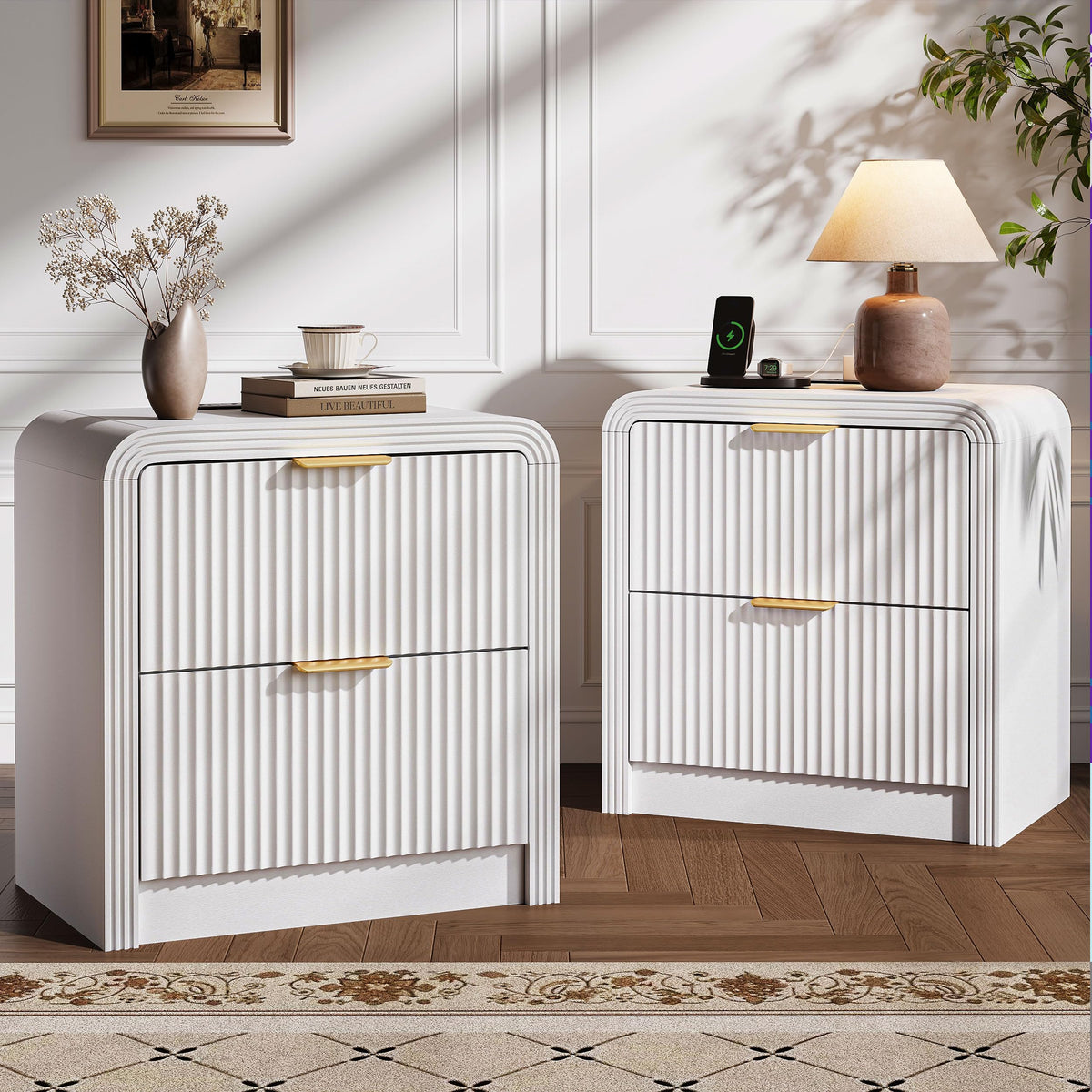 Decofy 23'' Wide Fluted Nightstand Set of 2 with Charging Station, Walnut