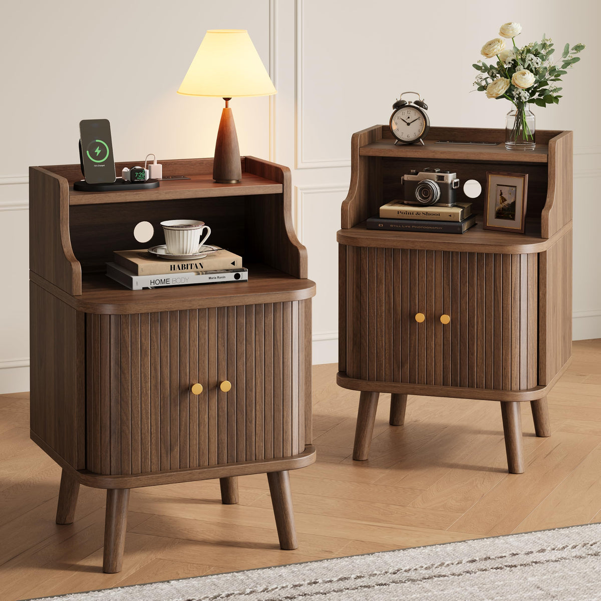 Decofy Mid Century Modern Nightstand Set of 2, Charging Station, Walnut
